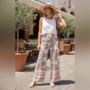 Rachel Zoe Linen Blend Multicolor Patterned Wide Leg Pants Size L